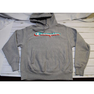 Champion Reverse Weave Men M Gray Hoodie Graphic Print Kangaroo Pocket Pullover